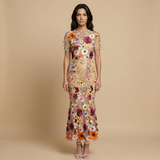 Vestido Largo Tul Bordado Floral Apliques 3D Mujer