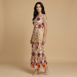 Vestido Largo Tul Bordado Floral Apliques 3D Mujer
