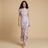 Vestido Largo Tul Bordado Floral Apliques 3D Mujer