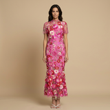Vestido Largo Tul Bordado Floral Apliques 3D Mujer