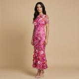 Vestido Largo Tul Bordado Floral Apliques 3D Mujer