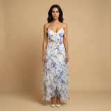 Vestido Largo Floral Volantes Escote V Profundo Mujer