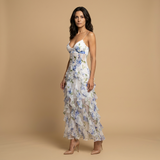 Vestido Largo Floral Volantes Escote V Profundo Mujer
