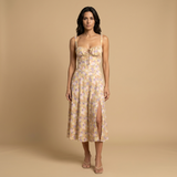 Vestido Midi Corset Floral Tirantes Abertura Lateral Mujer