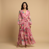 Vestido Largo Wrap Floral Acuarela Manga Globo Cinturón Mujer
