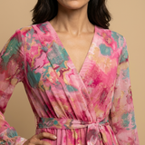 Vestido Largo Wrap Floral Acuarela Manga Globo Cinturón Mujer