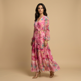 Vestido Largo Wrap Floral Acuarela Manga Globo Cinturón Mujer