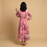 Vestido Largo Wrap Floral Acuarela Manga Globo Cinturón Mujer