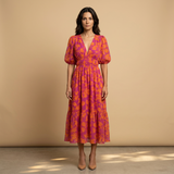 Vestido Midi Floral Manga Globo Escote V Smocking Mujer