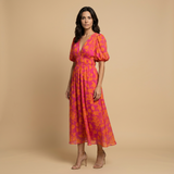 Vestido Midi Floral Manga Globo Escote V Smocking Mujer