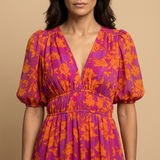 Vestido Midi Floral Manga Globo Escote V Smocking Mujer