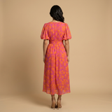 Vestido Midi Floral Manga Globo Escote V Smocking Mujer
