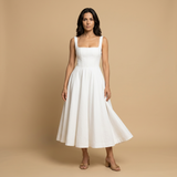 Vestido Midi Corset Escote Cuadrado Falda Vuelo Lino Mujer