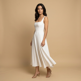 Vestido Midi Corset Escote Cuadrado Falda Vuelo Lino Mujer