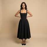 Vestido Midi Corset Escote Cuadrado Falda Vuelo Lino Mujer