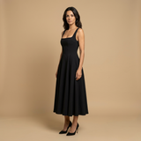 Vestido Midi Corset Escote Cuadrado Falda Vuelo Lino Mujer