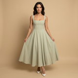 Vestido Midi Corset Escote Cuadrado Falda Vuelo Lino Mujer