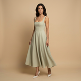 Vestido Midi Corset Escote Cuadrado Falda Vuelo Lino Mujer