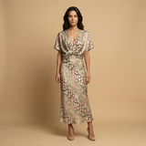 Vestido Midi Satén Estampado Animal Print Nudo Frontal Mujer