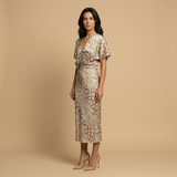 Vestido Midi Satén Estampado Animal Print Nudo Frontal Mujer