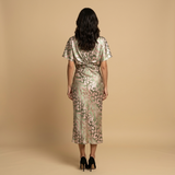 Vestido Midi Satén Estampado Animal Print Nudo Frontal Mujer