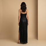 Vestido Largo Corset Glitter Abertura Alta Tirantes Finos Mujer