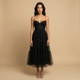 Vestido Midi Corset Tul Tirantes Finos Escote Corazón Mujer