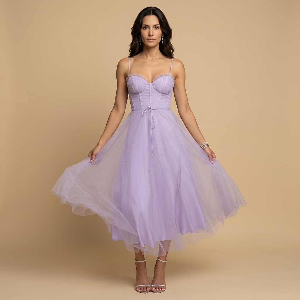 Vestido Midi Corset Tul Tirantes Finos Escote Corazón Mujer