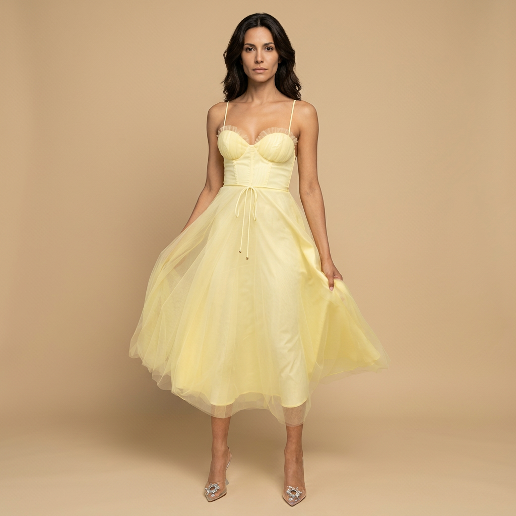 Vestido Midi Corset Tul Tirantes Finos Escote Corazón Mujer