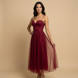 Vestido Midi Corset Tul Tirantes Finos Escote Corazón Mujer