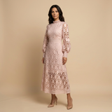 Vestido Midi Encaje Guipur Cuello Alto Manga Globo Mujer