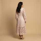 Vestido Midi Encaje Guipur Cuello Alto Manga Globo Mujer