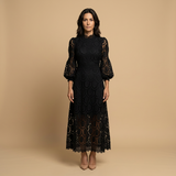 Vestido Midi Encaje Guipur Cuello Alto Manga Globo Mujer
