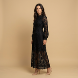 Vestido Midi Encaje Guipur Cuello Alto Manga Globo Mujer