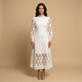 Vestido Midi Encaje Guipur Cuello Alto Manga Globo Mujer