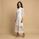 Vestido Midi Encaje Guipur Cuello Alto Manga Globo Mujer