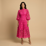 Vestido Midi Encaje Guipur Cuello Alto Manga Globo Mujer