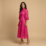 Vestido Midi Encaje Guipur Cuello Alto Manga Globo Mujer