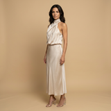 Vestido Midi Halter Satén Drapeado Espalda Descubierta Mujer