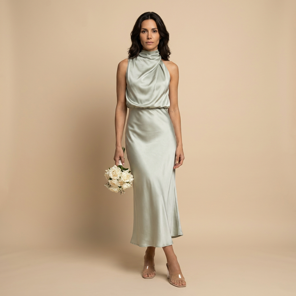 Vestido Midi Halter Satén Drapeado Espalda Descubierta Mujer