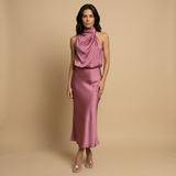 Vestido Midi Halter Satén Drapeado Espalda Descubierta Mujer