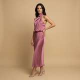 Vestido Midi Halter Satén Drapeado Espalda Descubierta Mujer