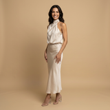 Vestido Midi Halter Satén Drapeado Espalda Descubierta Mujer