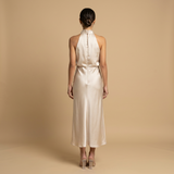 Vestido Midi Halter Satén Drapeado Espalda Descubierta Mujer