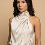 Vestido Midi Halter Satén Drapeado Espalda Descubierta Mujer