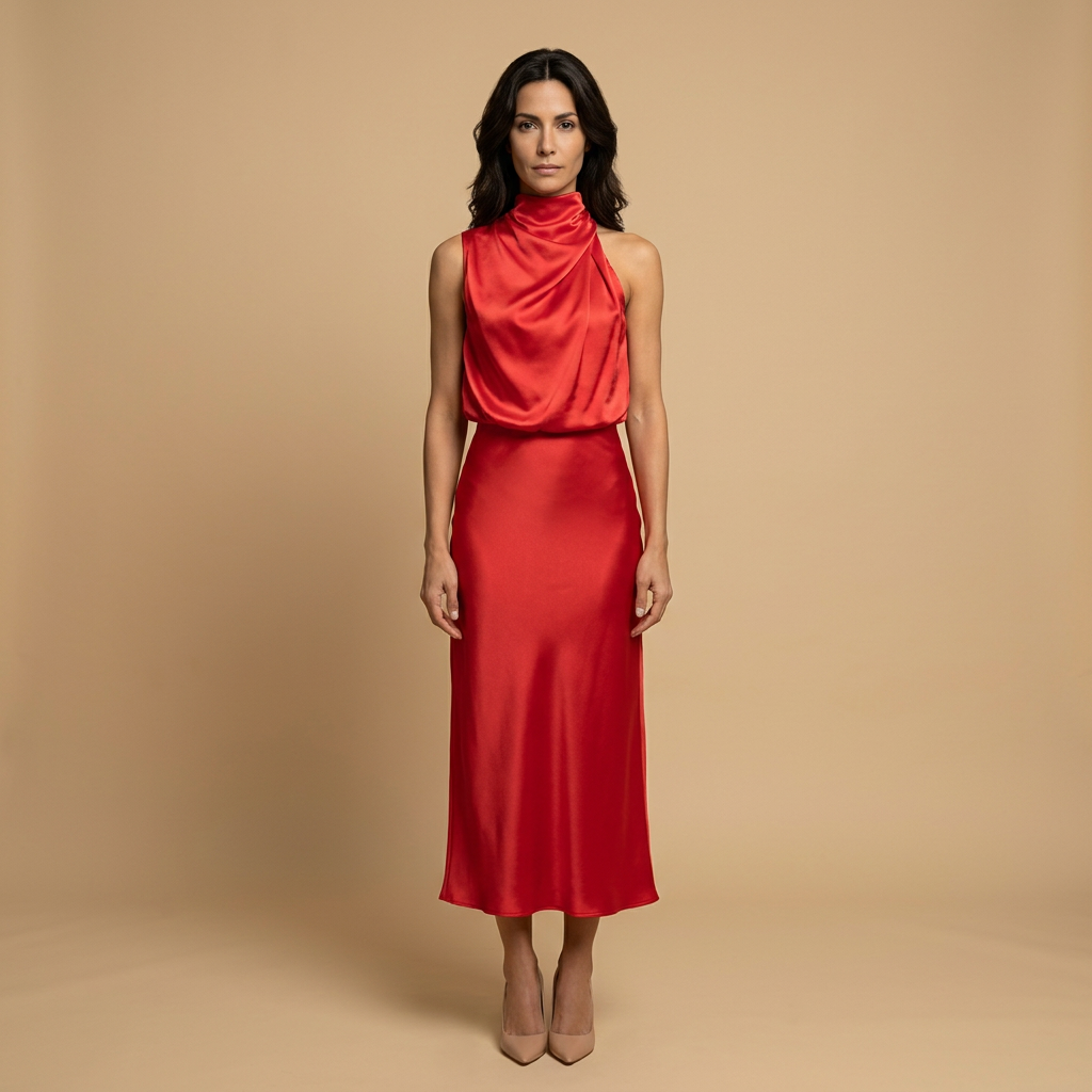 Vestido Midi Halter Satén Drapeado Espalda Descubierta Mujer