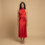 Vestido Midi Halter Satén Drapeado Espalda Descubierta Mujer