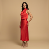 Vestido Midi Halter Satén Drapeado Espalda Descubierta Mujer