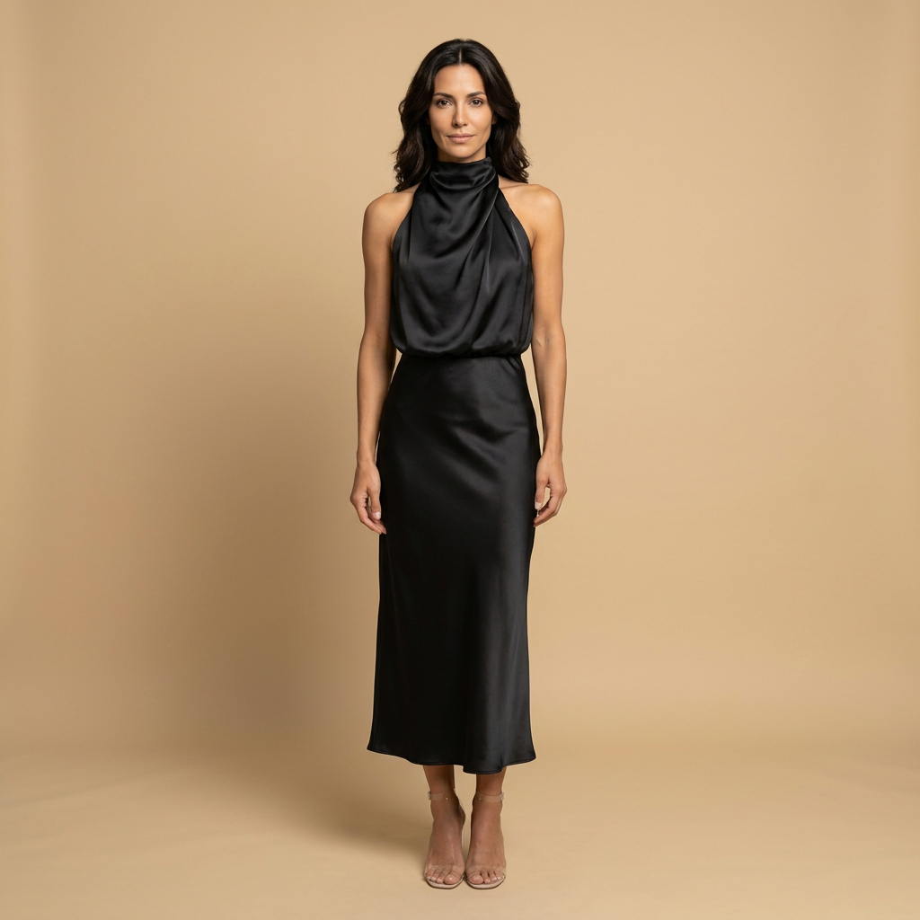 Vestido Midi Halter Satén Drapeado Espalda Descubierta Mujer