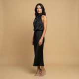 Vestido Midi Halter Satén Drapeado Espalda Descubierta Mujer